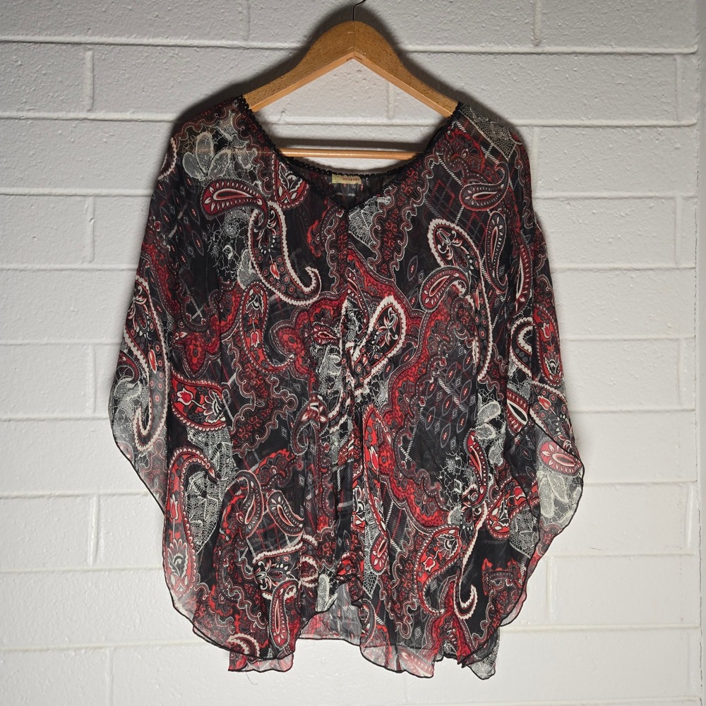 Vtg Wildcat Women Blouse Paisley Silk Cotton Sheer Flutter Sleeve Hippie Boho 2X